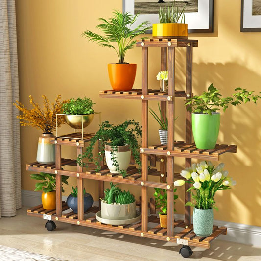 Multi-Layer Wooden Plant Rack  With Wheels 97cm Tall