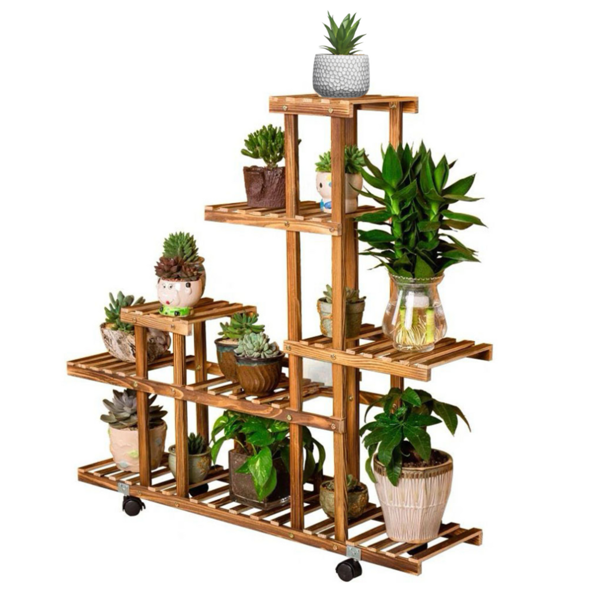 Multi-Layer Wooden Plant Rack  With Wheels 97cm Tall