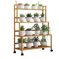 4-Tier Bamboo Plant Rack With Wheels