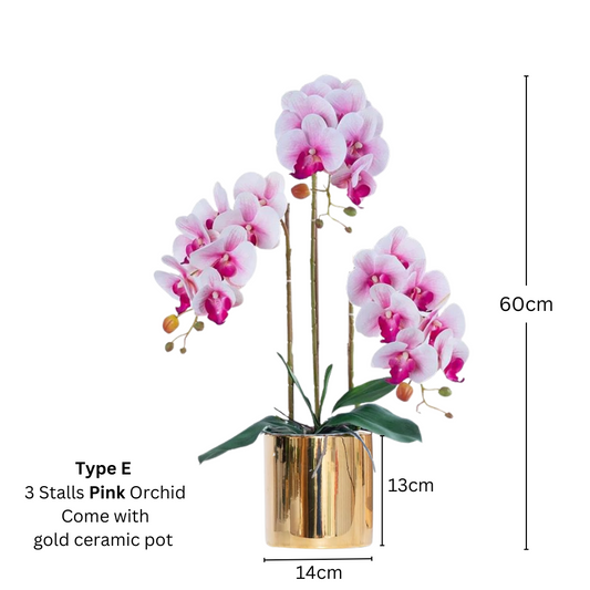Artificial Pink Orchid (3/4 stalks) in Ceramic Gold Pot - (60cm)