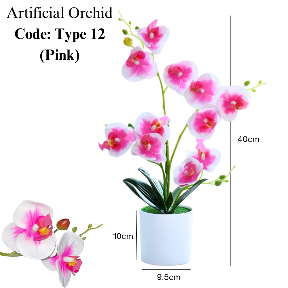 Artificial Orchid in White Plastic Pot - Pink/White/Purple (40cm)