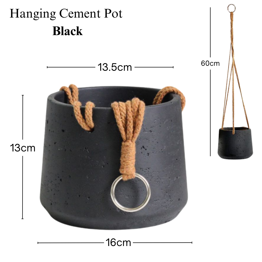 Hanging Cement Pot With Hemp Rope- Black (60cm)