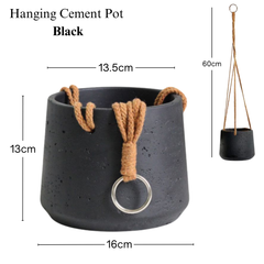 Hanging Cement Pot With Hemp Rope- Black (60cm)