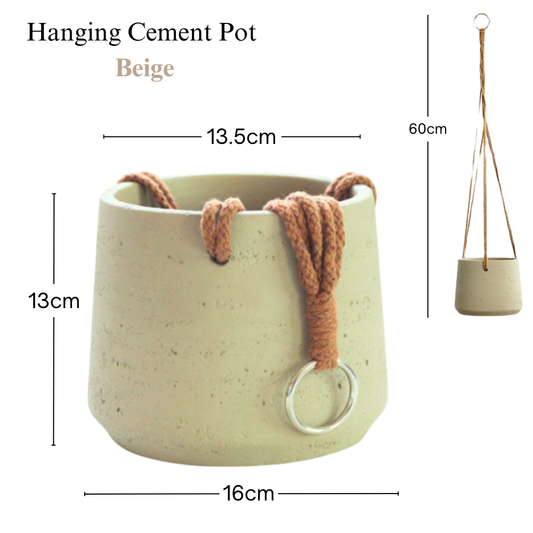 Hanging Cement Pot With Hemp Rope- Beige (60cm)