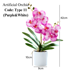 Artificial Purple White Orchid in Plastic White Pot (42cm)