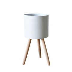 Metal Pot with Wooden Stand (White)