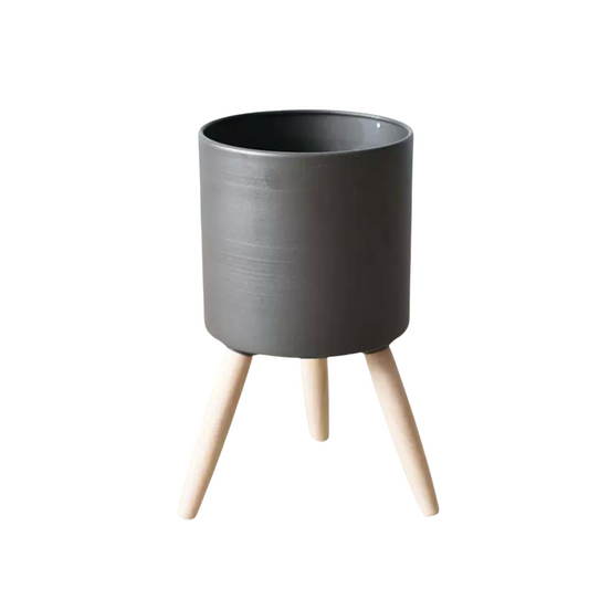 Metal Pot with Wooden Stand (Dark)