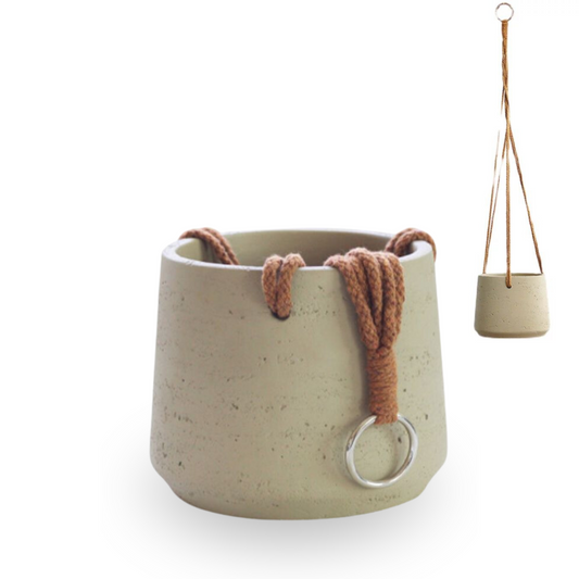 Hanging Cement Pot With Hemp Rope- Beige (60cm)