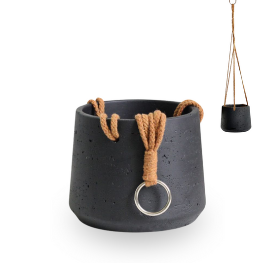 Hanging Cement Pot With Hemp Rope- Black (60cm)